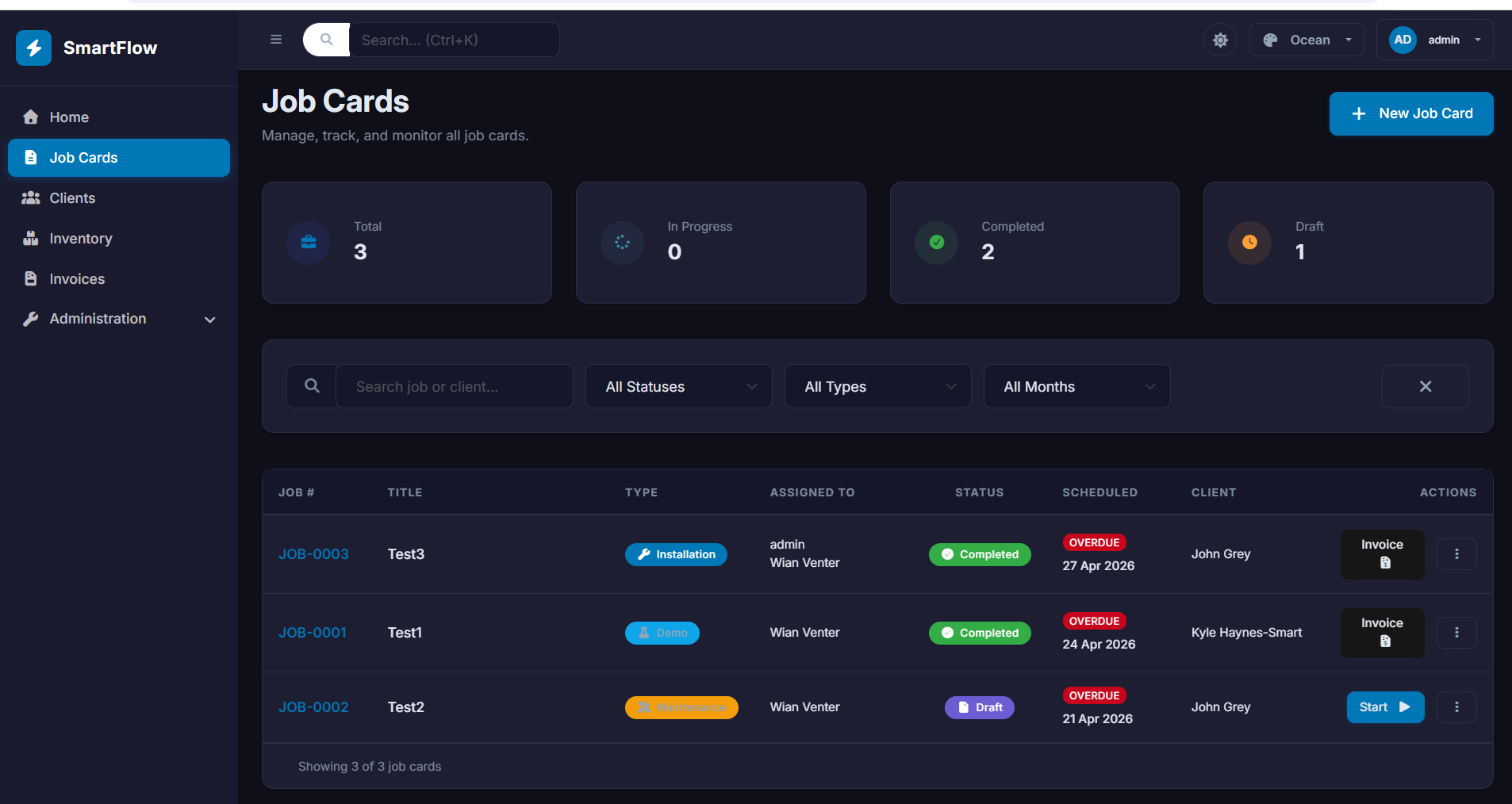 SmartFlow job cards — status table with totals